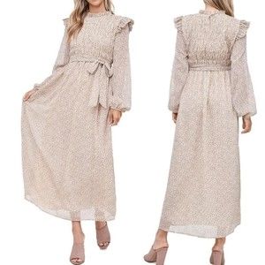 En Saison ANTHROPOLOGIE Dress Beige Metallic Smocked Belted XS Cottagecore